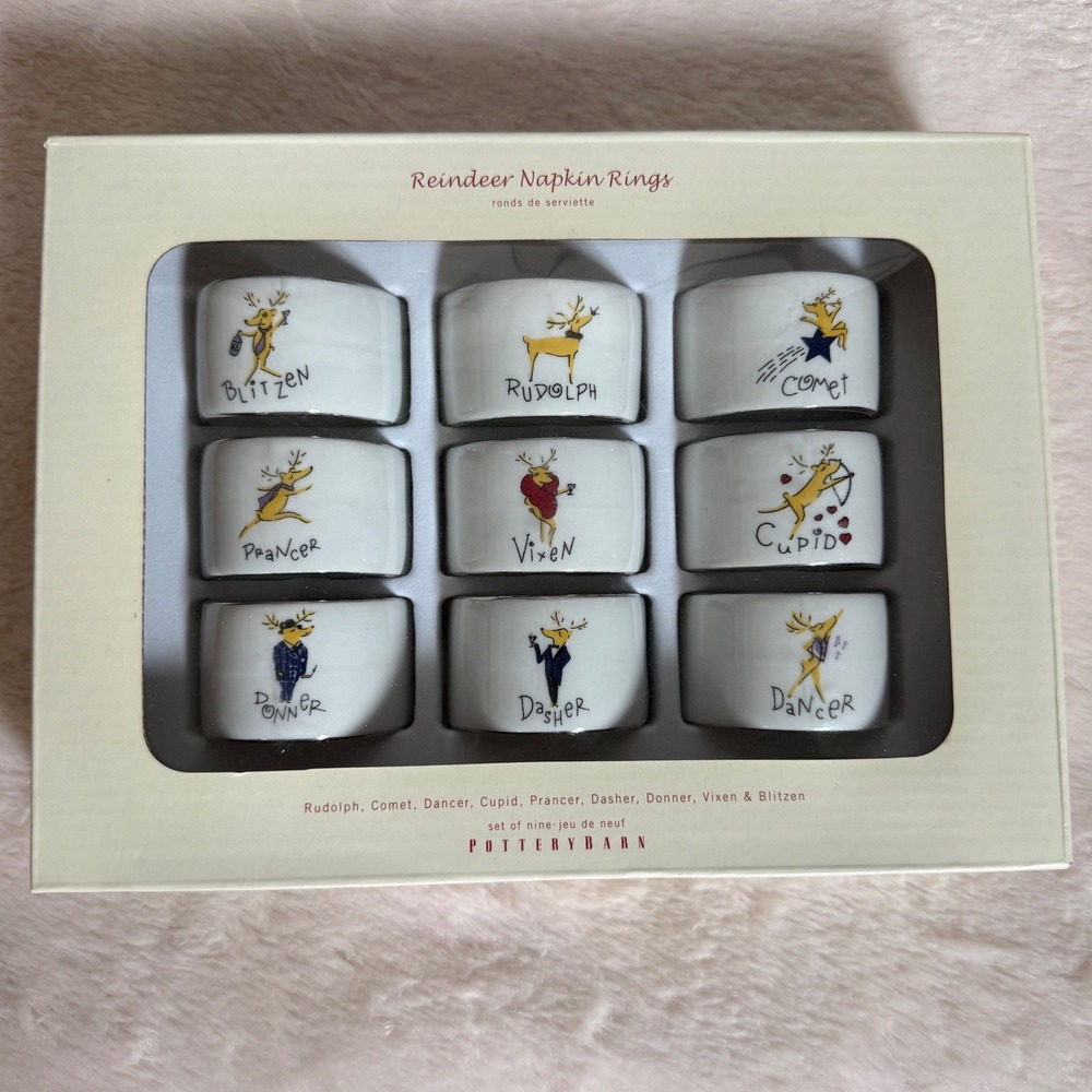 Pottery Barn Reindeer Napkin Rings Set of 9 Christmas Ceramic Holiday Rudolph